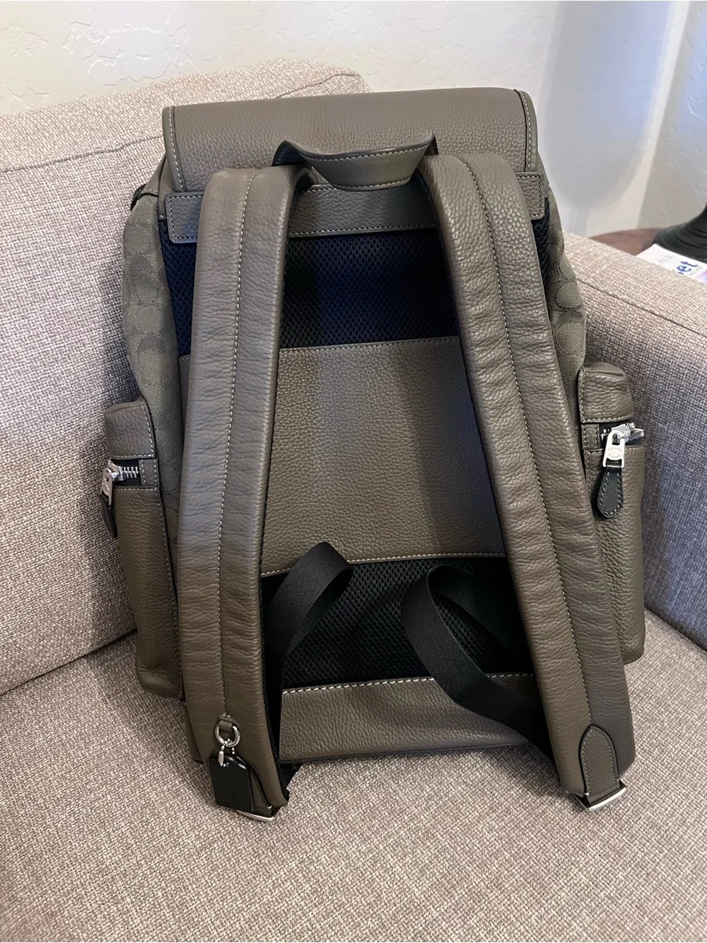Coach Men’s Olive Green Signature Canvas Backpack with Leather Trim